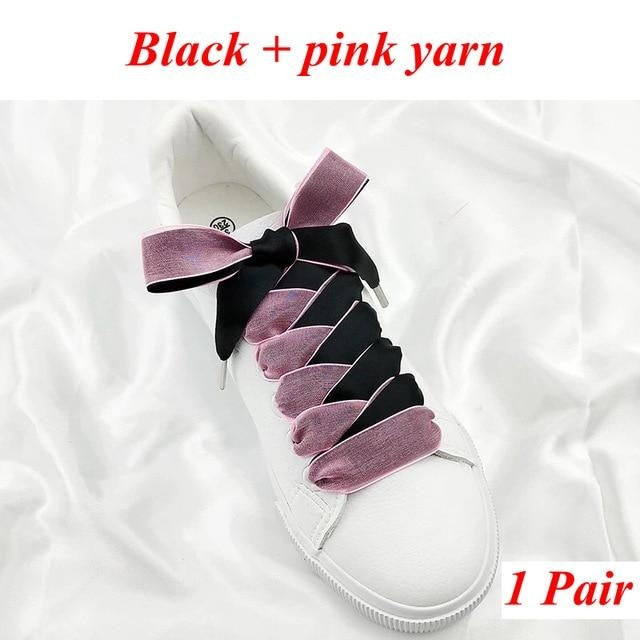 Two-Tone Satin and Velvet Shoelaces - Black pink / 80 cm - Shoelace