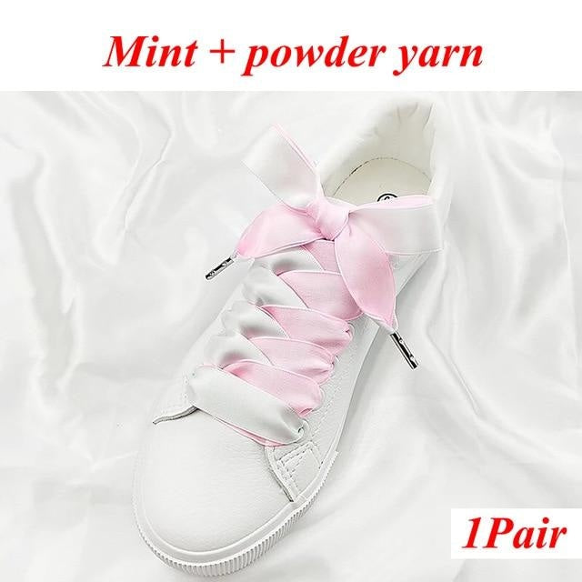 Two-Tone Satin and Velvet Shoelaces - Mint powder / 120 cm - Shoelace