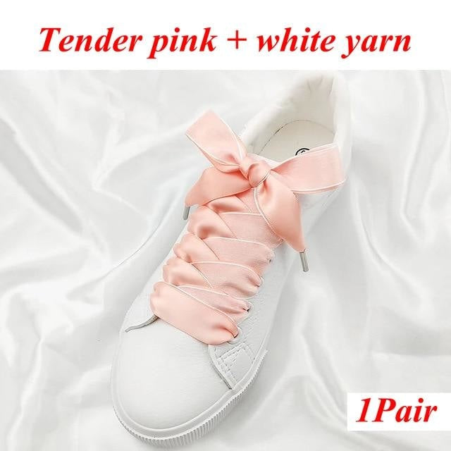 Two-Tone Satin and Velvet Shoelaces - Tender pink white / 80 cm - Shoelace