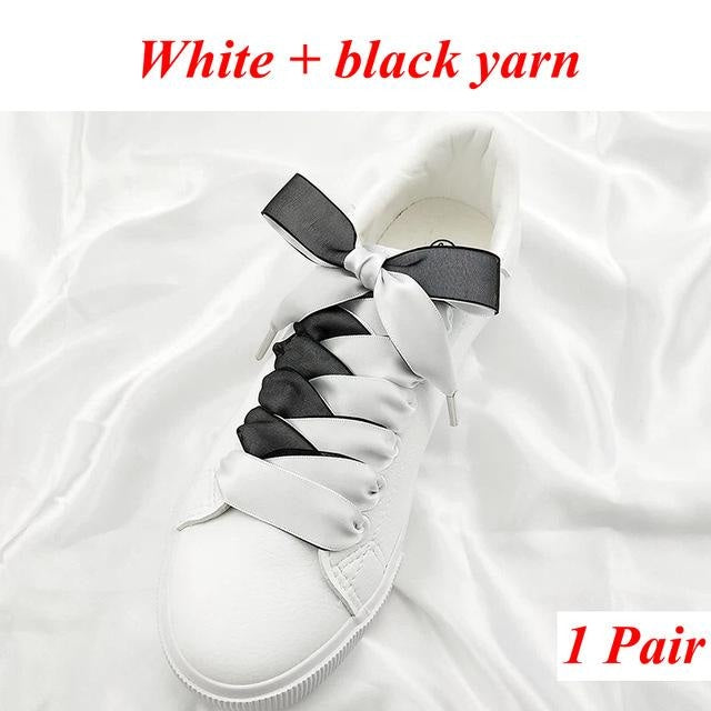 Two-Tone Satin and Velvet Shoelaces - White black / 80 cm - Shoelace