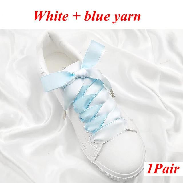 Two-Tone Satin and Velvet Shoelaces - White blue / 80 cm - Shoelace